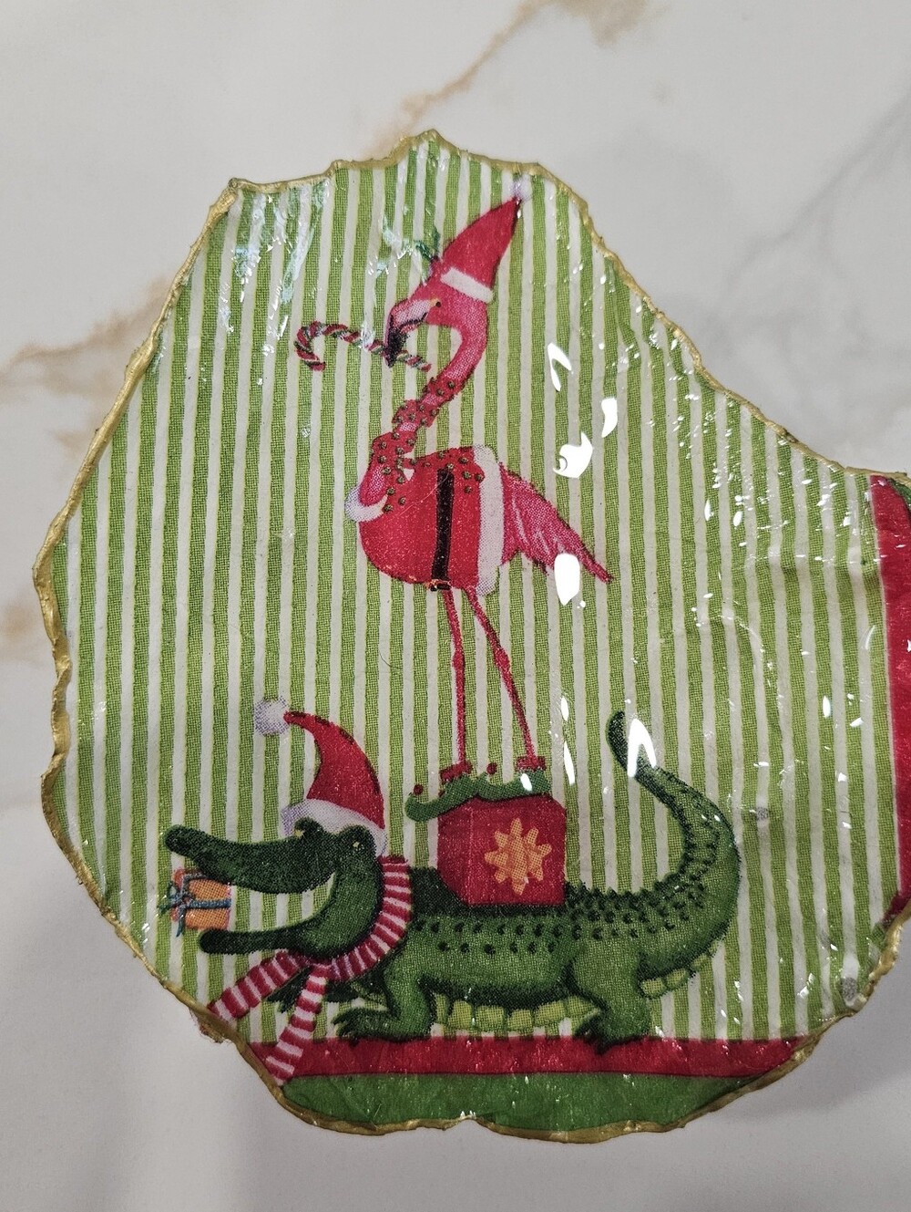 Decoupaged Christmas Flamingo On Alligator Pin Shell Trinket Dish Jewelry Holder